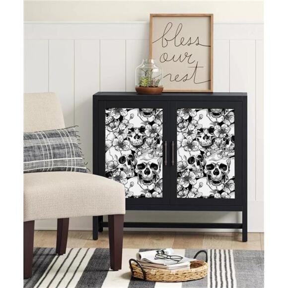 2 Rolls Black and White Sugar Skull Floral Wallpaper 17.7IN x 9.8FT - Picture 6 of 7